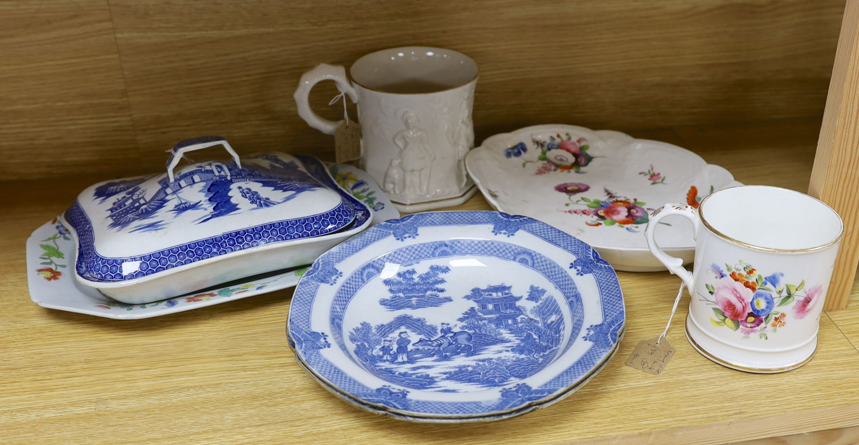A pair of early 19th century pearlware plates, Leeds pottery tureen and cover, Coalport dessert dish. Spode serving plate and two mugs